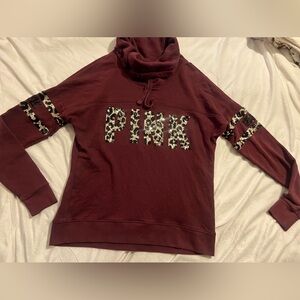 Victoria's Secret Pink Cheetah Leopard bling Maroon Cowl Neck Pullover